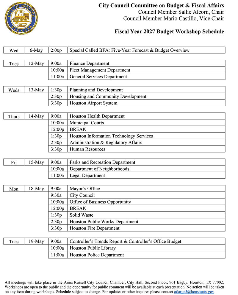 Budget Workshops Calendar and Times