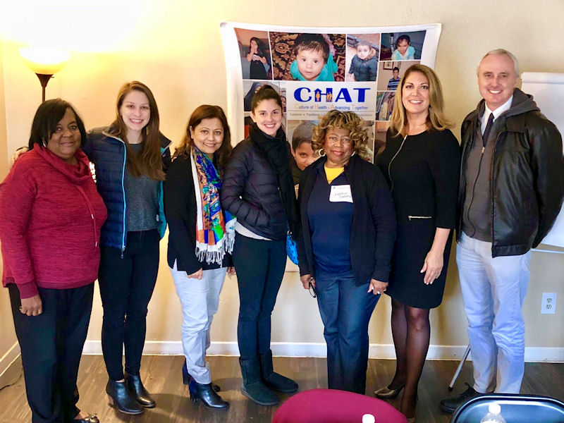 (L to R) Rev. Marilyn M. White (Third Ward), Laila Khalili (Near Northside), Aisha Siddiqui (Gulfton), Maria Aguirre-Borrero (Near Northside), Catherine D. Dorsey (Acres Homes), Frances Castañeda Dyess (Second Ward) and Ross Shegog, PhD (Gulfton) 