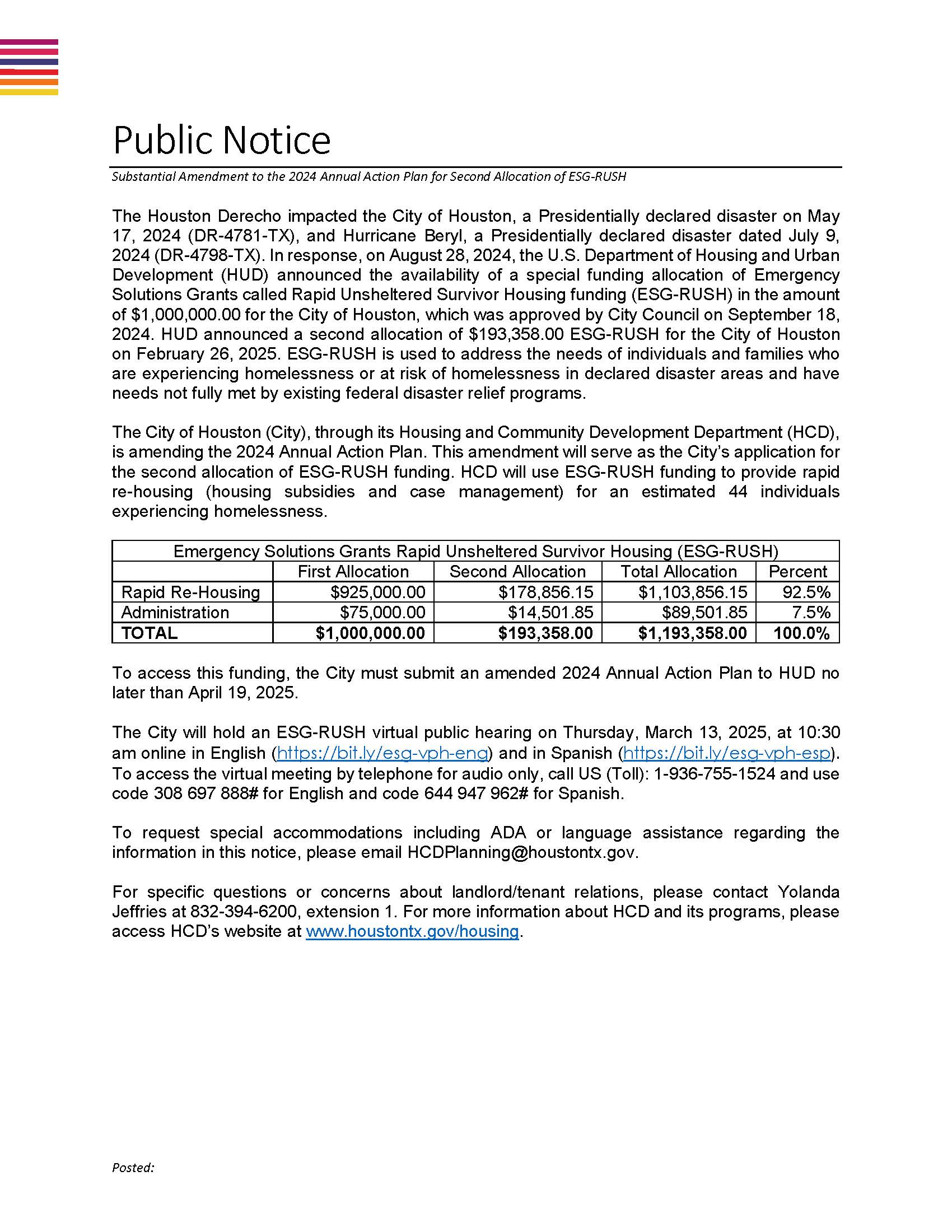 Emergency Solutions Grants called Rapid Unsheltered Survivor Housing (ESG-Rush)