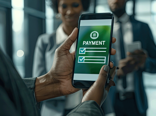 Woman holding phone howing payment graphic
